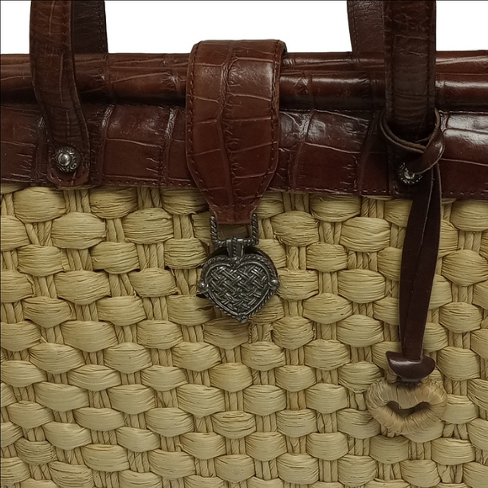 BRIGHTON "EVA DELIGHT" WICKER STRAW SUMMER HANDBAG WITH BROWN LEATHER ACCENTS - Picture 3 of 16